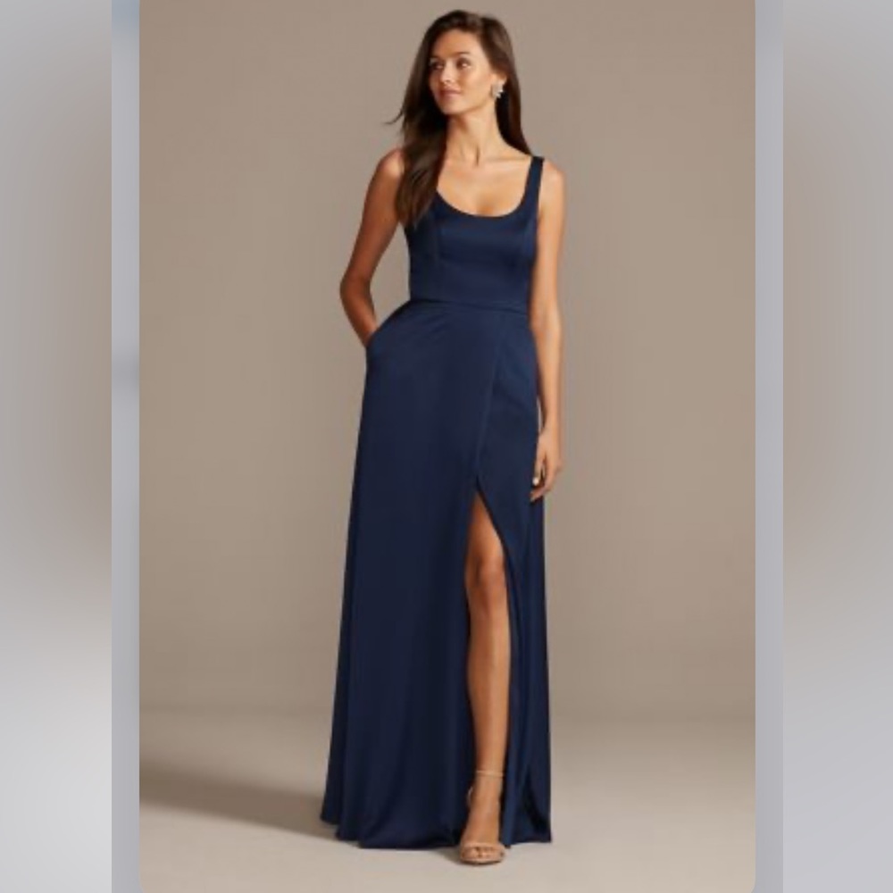 David’s bridal satin crepe scoop neck bridesmaid dress size 10 in marine